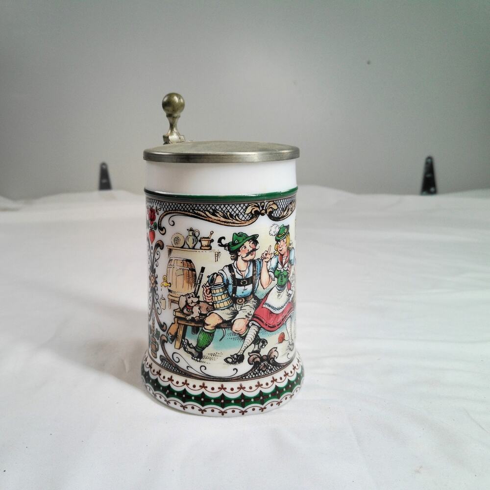 German Milk Glass Beer Stein Pewter Lid Bavarian Folk Art Drinking Scene